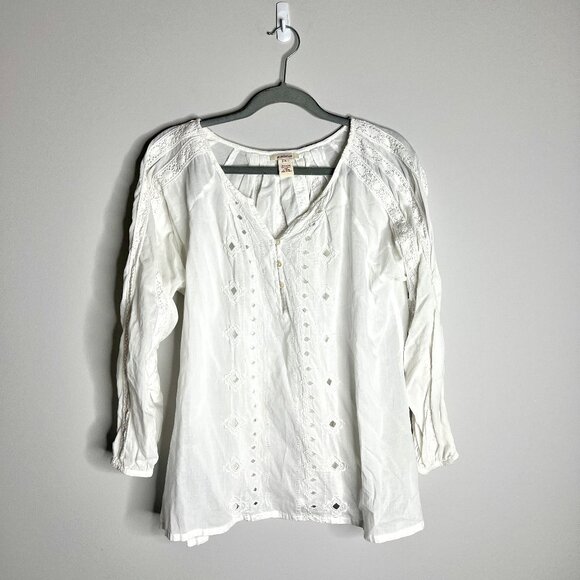 Sundance White Eyelet Lace Boho Cottagecore Button-Up Top 100% Cotton Granola L - Picture 1 of 4